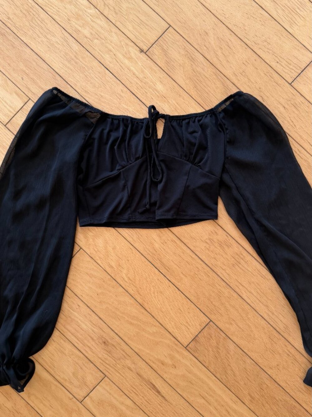 Blue Rain Black Sheer Sleeve Tie Front Crop Top – Corset Style (Size S) - Picture 5 of 5